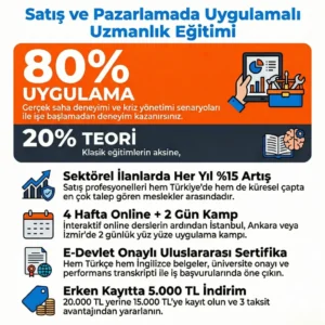UMENS uygulamalı satış pazarlama eğitimi infografiği. Görselde %80 pratik imkanı sunan bu satış pazarlama kursu detayları anlatılıyor. Diğer satış pazarlama eğitimi veren firmalar aksine, bu satış pazarlama eğitim süreci 4 hafta online ve 2 gün bootcamp içeriyor. Kapsamlı satış ve pazarlama eğitimi sonunda uluslararası geçerli satış ve pazarlama sertifikası alabiliyorsunuz. Ayrıca e-devlet onaylı satış pazarlama sertifika imkanı sunan bu pazarlama ve satış eğitimi, 5.000 TL indirim fırsatıyla öne çıkıyor. Sonuç olarak pazarlama ve satış eğitimleri arasında en iyi seçenek olan bu programla satış pazarlama eğitimi sertifikası kazanarak kariyerinizi zirveye taşıyabilirsiniz.